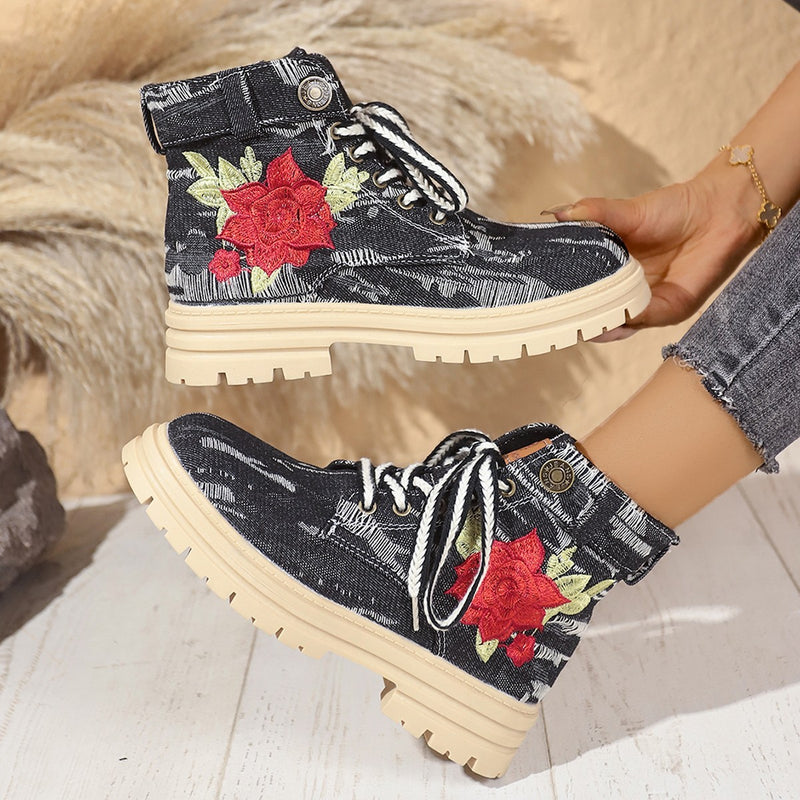 Lace-up Canvas Boots Fashion Rose Embroidered Shoes Round Toe Thick Heel Short Boot Women