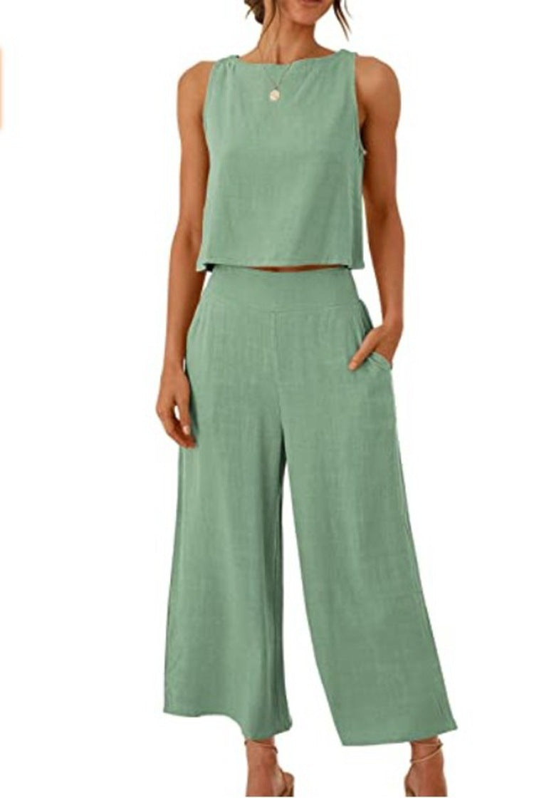 Sleeveless Vest Cropped Wide-leg Pants Suit