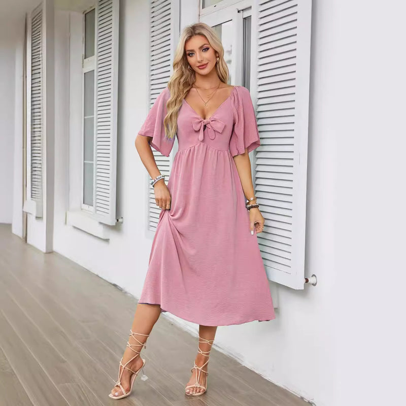 European And American Women's Clothing Spring And Summer Bow V-neck Pleated Mid-length Short Sleeve Dress