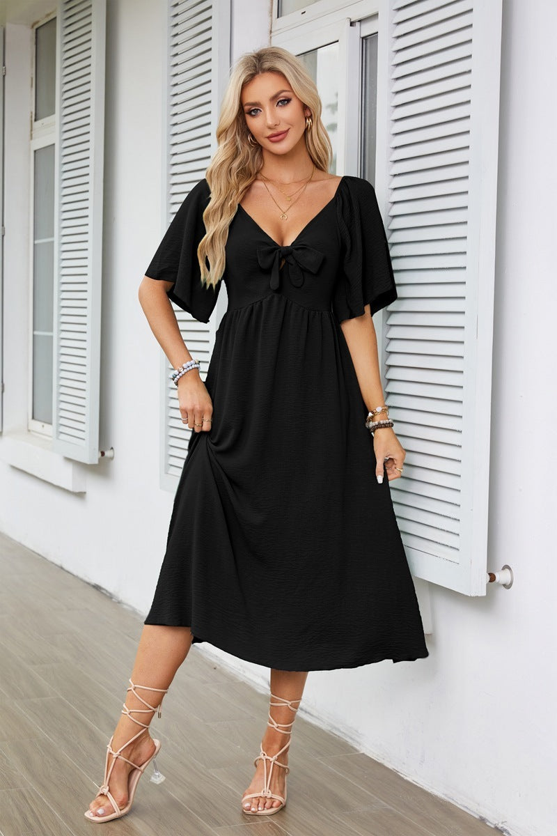 European And American Women's Clothing Spring And Summer Bow V-neck Pleated Mid-length Short Sleeve Dress