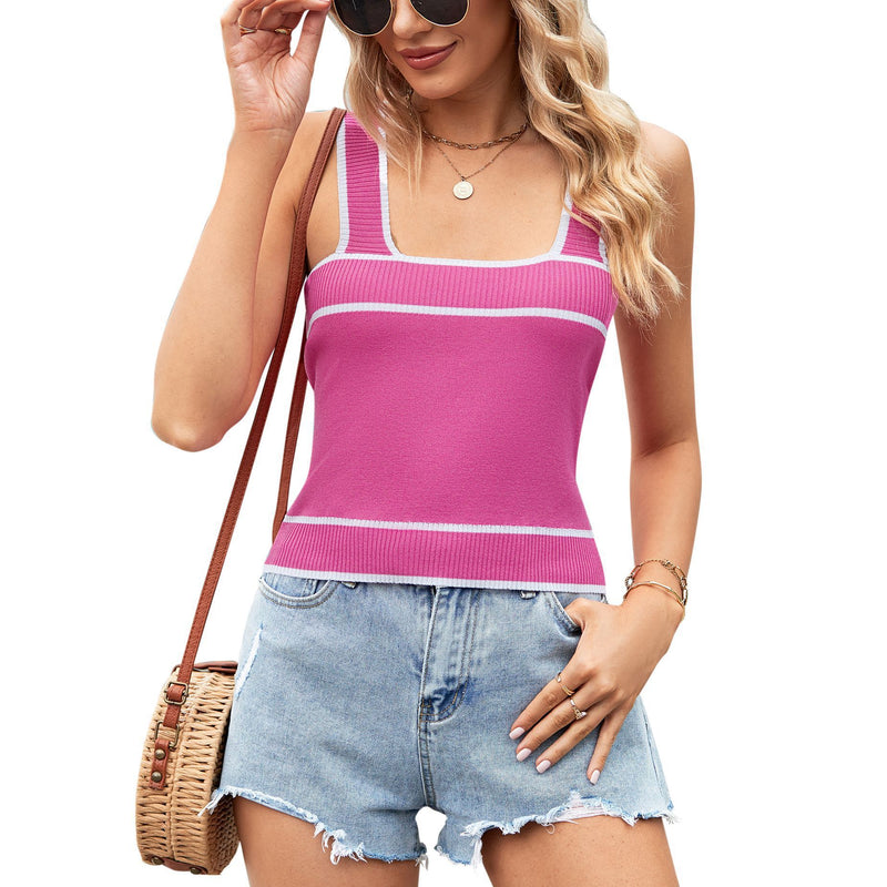 European And American Contrast Color Knitted Sweater Short Midriff-baring Tank Top