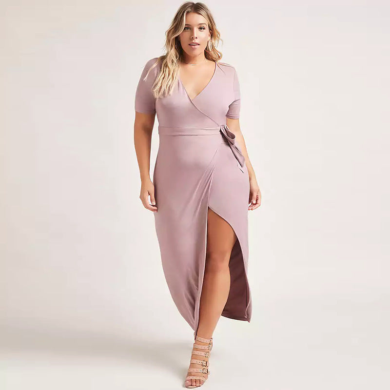 Sexy V-Neck Short-Sleeved Long Dress With Strappy Slit Fat Woman