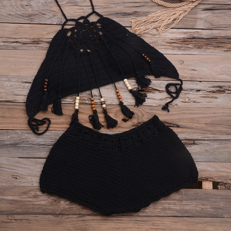 Beach Handmade Tassel Dangling Beads Top Boxer Shorts Split Swimsuit Suit