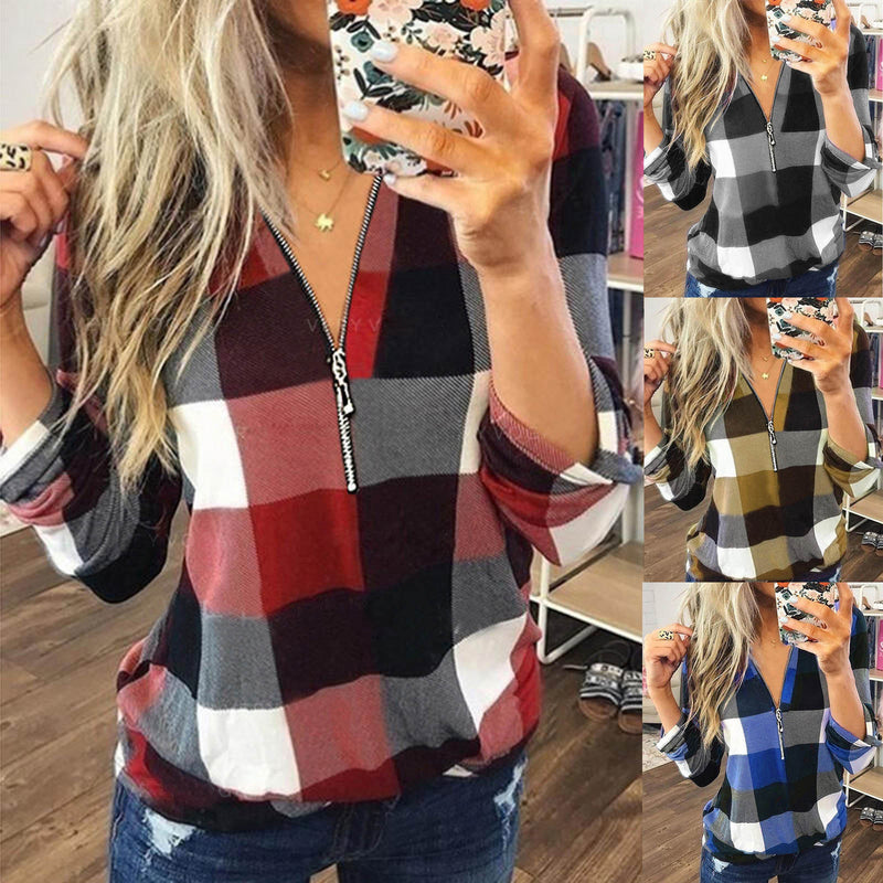 Check Printed V-Neck Zip Long Sleeve Top