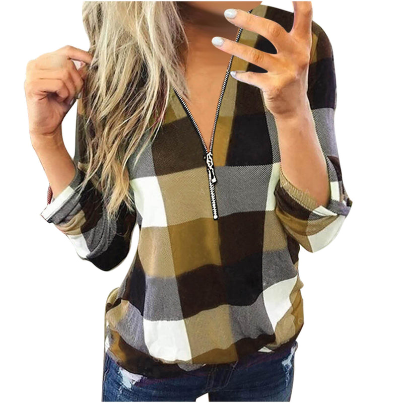 Check Printed V-Neck Zip Long Sleeve Top