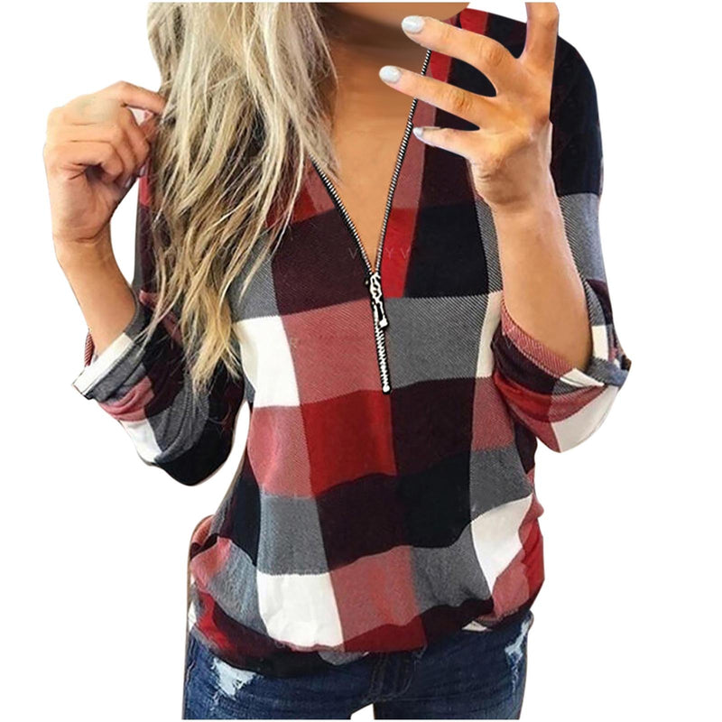 Check Printed V-Neck Zip Long Sleeve Top