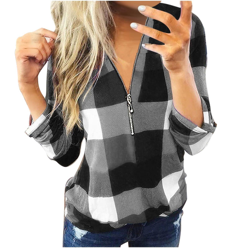 Check Printed V-Neck Zip Long Sleeve Top