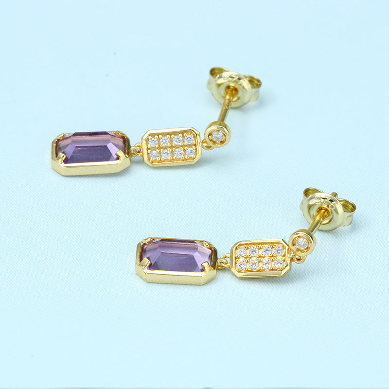 Dunli Jewelry 925 Sterling Silver Simple Rectangular Brazilian Amethyst Zircon Stud Earring Necklace