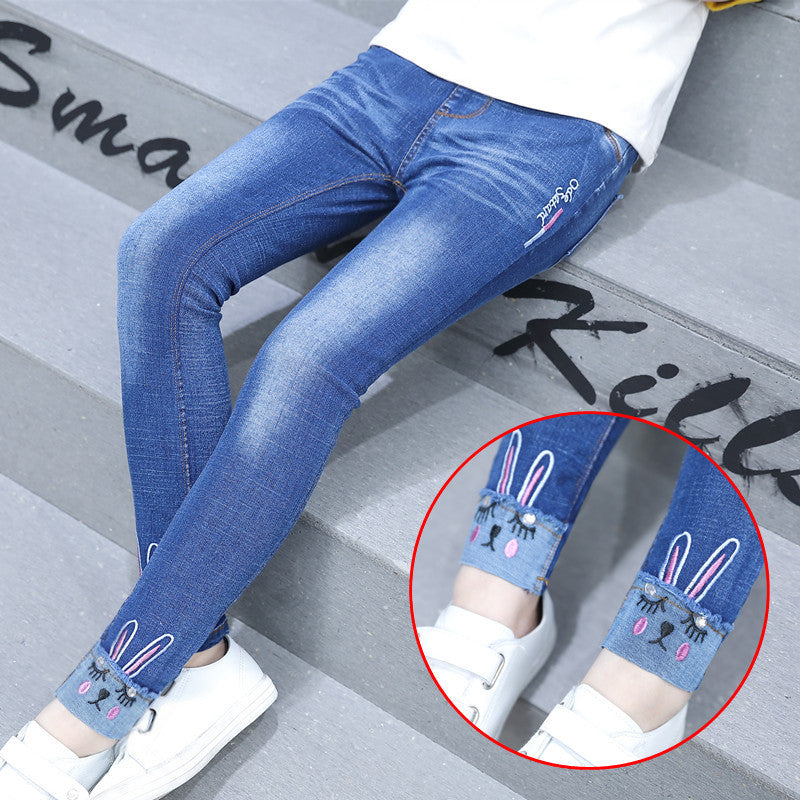 Korean Children"s Clothing Girls" Spring New Fashion Five Pointed Star Skinny Jeans