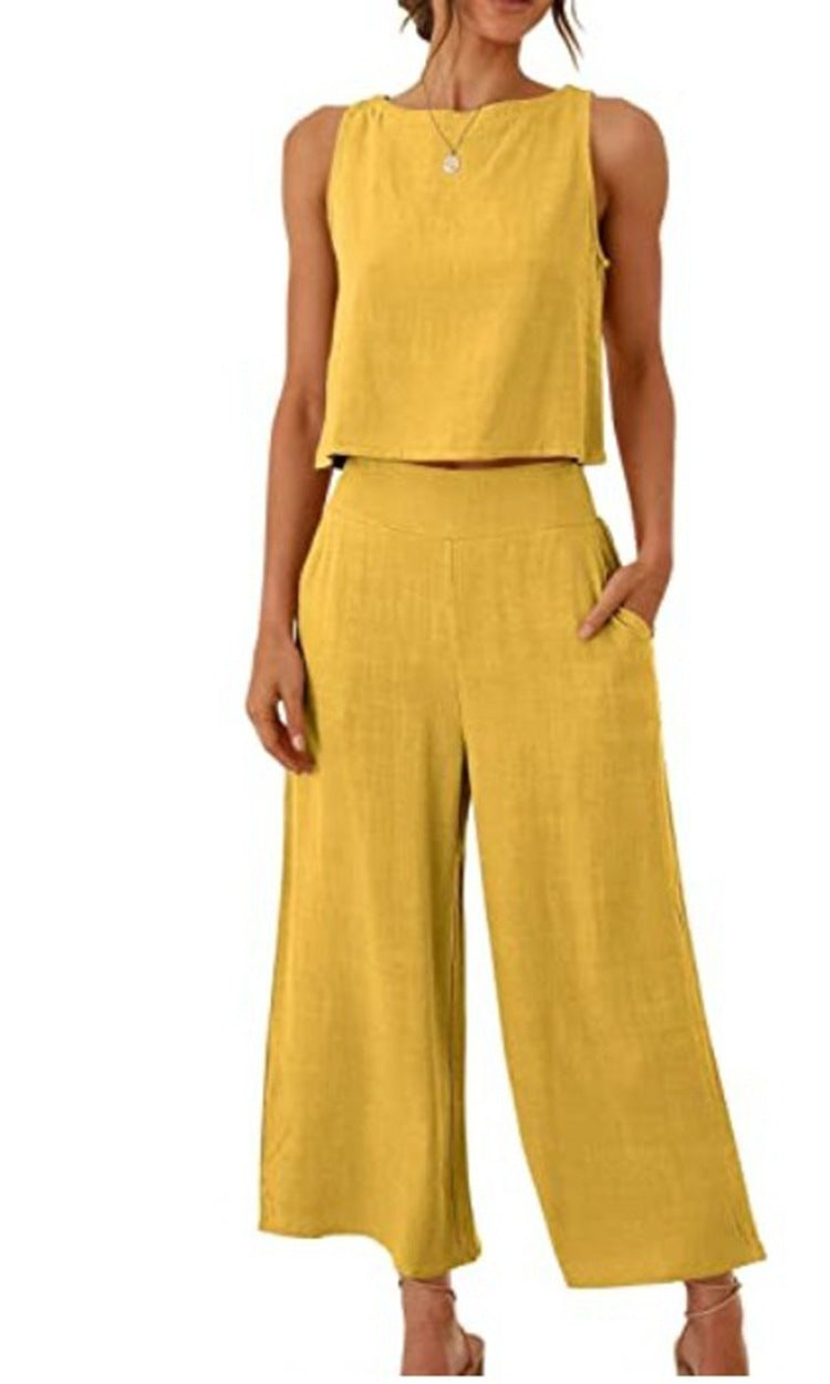 Sleeveless Vest Cropped Wide-leg Pants Suit