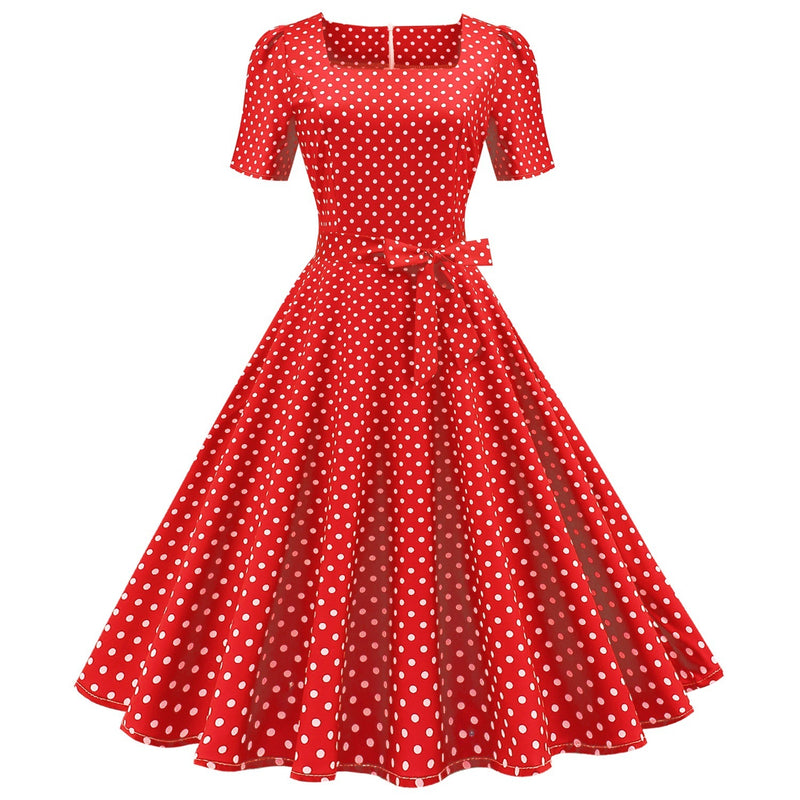 Polka Dot Printed Waist-controlled Large Swing Dress