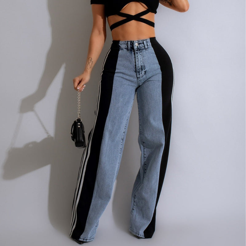 Fashion Stitching Wide Leg Denim Trousers Women's High Waist Stretchy Straight-leg Pants