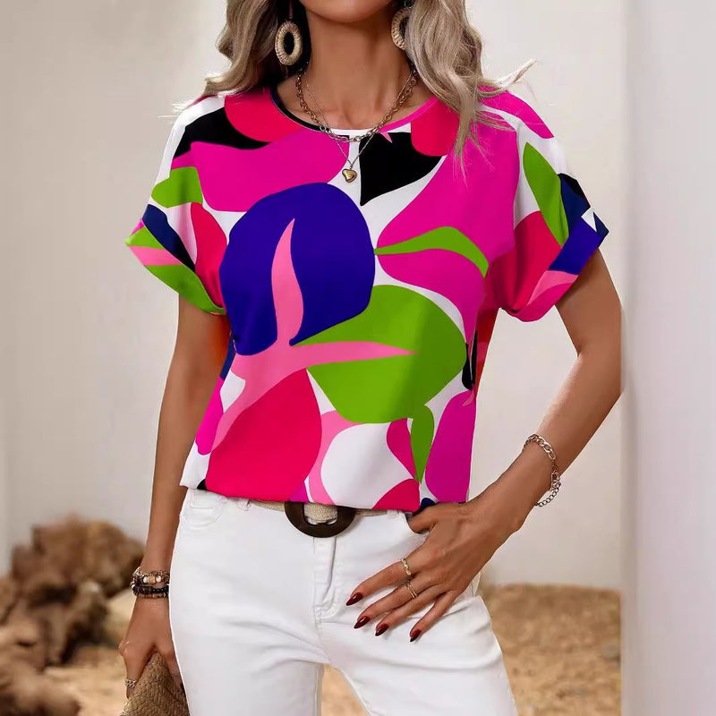 Summer New Fashion Printed Multi-color Round Neck Women's Short Sleeve