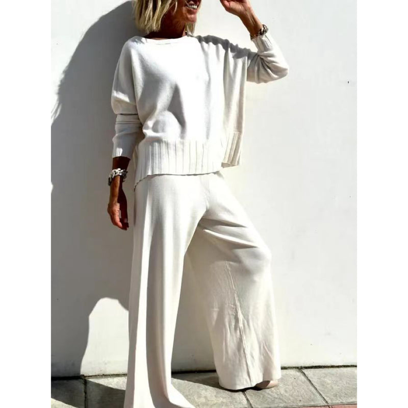 Knitted Wide-leg Pants Suit Sweater Pullover Women's Casual Trousers Suit