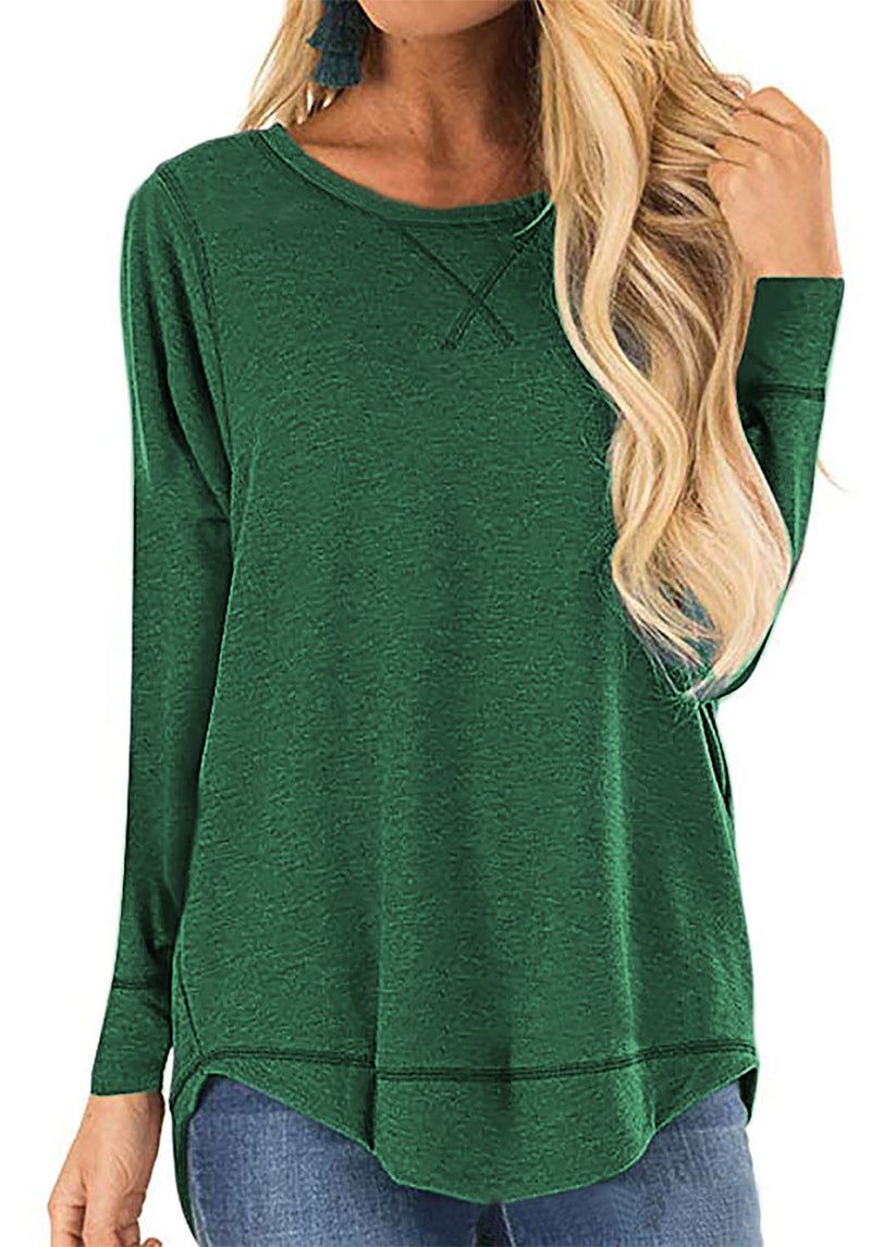 Women's Round Neck Long Sleeve Loose Top Short Front