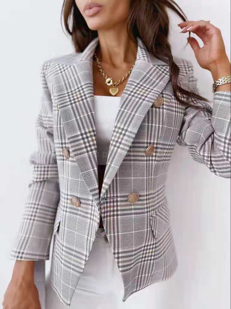 Womens Autumn Top Loose Long Sleeve Plaid Blazer