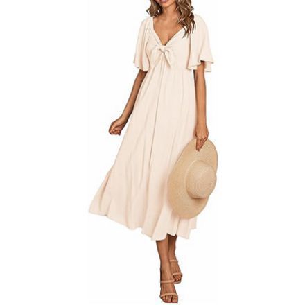 European And American Women's Clothing Spring And Summer Bow V-neck Pleated Mid-length Short Sleeve Dress