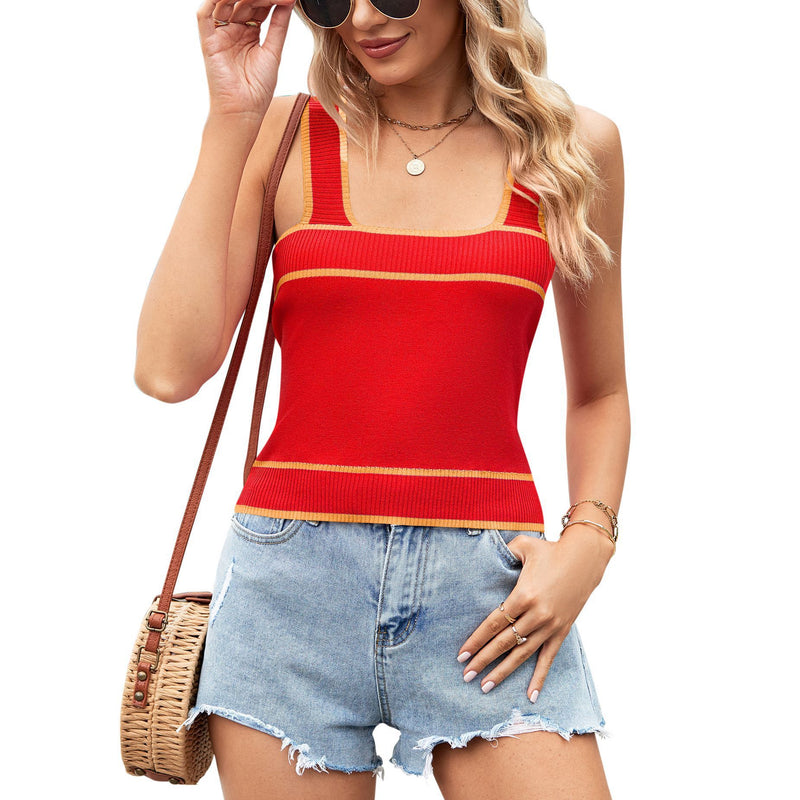 European And American Contrast Color Knitted Sweater Short Midriff-baring Tank Top