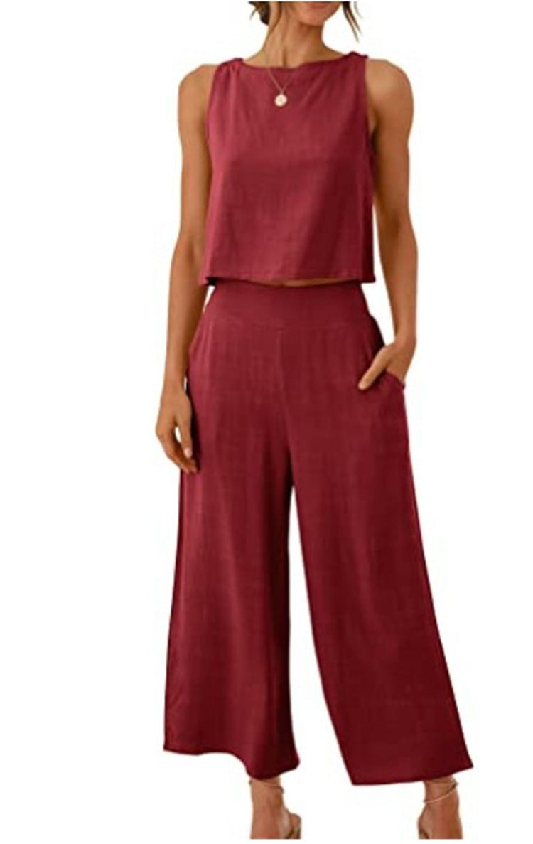 Sleeveless Vest Cropped Wide-leg Pants Suit