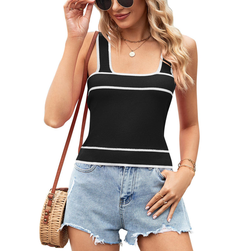 European And American Contrast Color Knitted Sweater Short Midriff-baring Tank Top