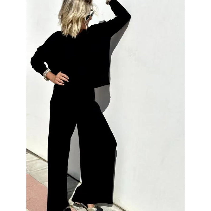 Knitted Wide-leg Pants Suit Sweater Pullover Women's Casual Trousers Suit