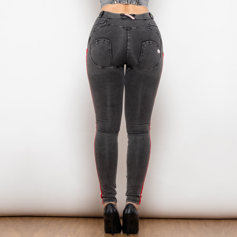 Shascullfites Melody Middle Waist Dark Thread Grey Jeans With Stripe Scrunch Bum Jeggings Women Butt Lift Jeans