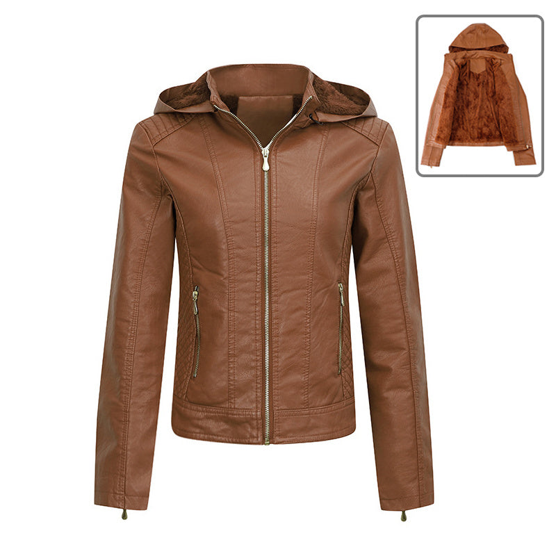 Plush Thickened Hooded Coat Winter Fashion Slim Zipper Leather Jacket With Pockets Long Sleeve Outwear Tops For Womens Clothing