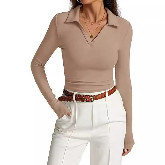 V-neck Slim-fit Casual Basic Pleated Top