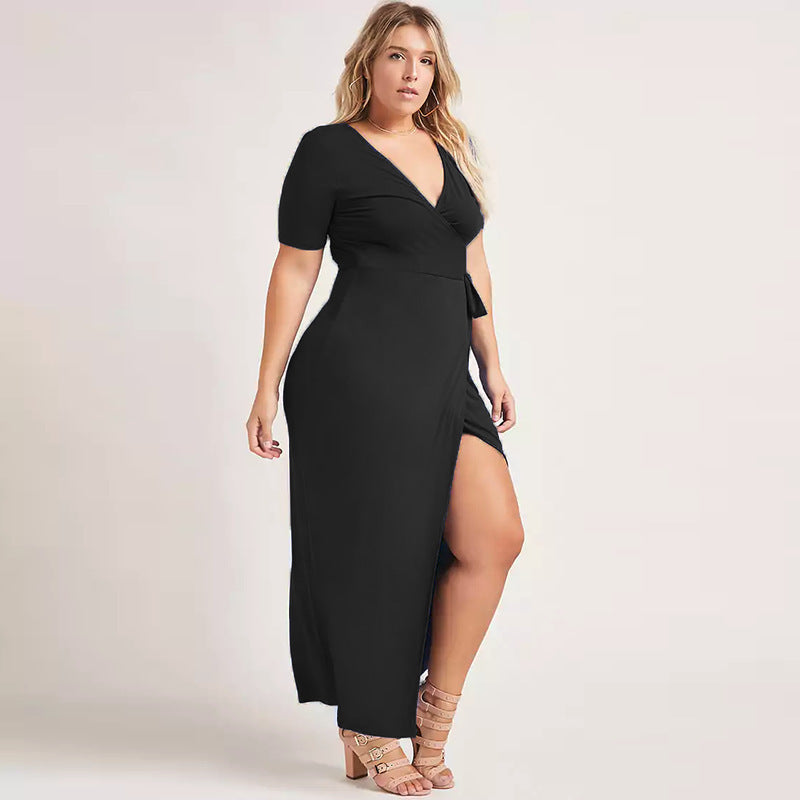 Sexy V-Neck Short-Sleeved Long Dress With Strappy Slit Fat Woman