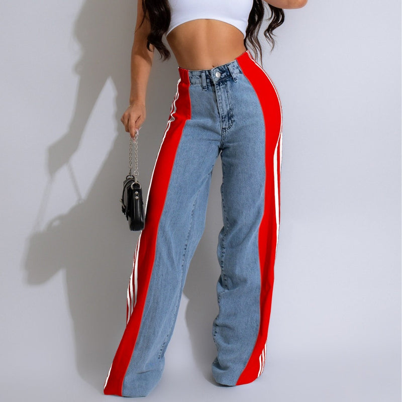 Fashion Stitching Wide Leg Denim Trousers Women's High Waist Stretchy Straight-leg Pants