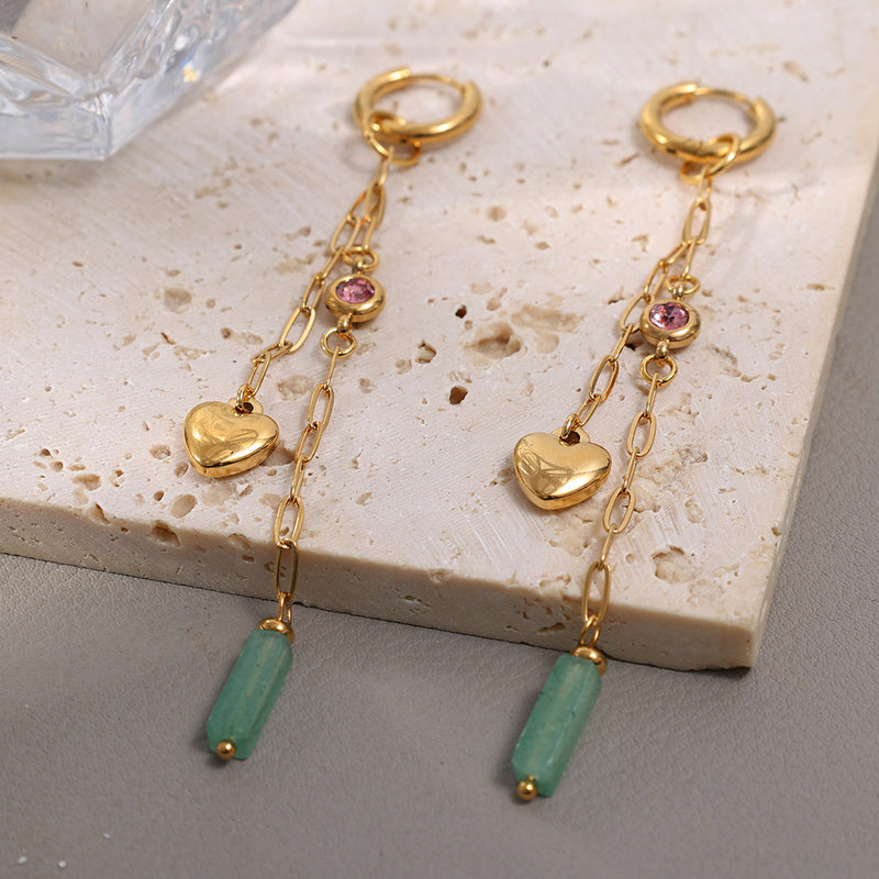 Simple Alloy 18K Furnace Real Gold Plating Peach Heart Long Earrings Personality Natural Stone Eardrop