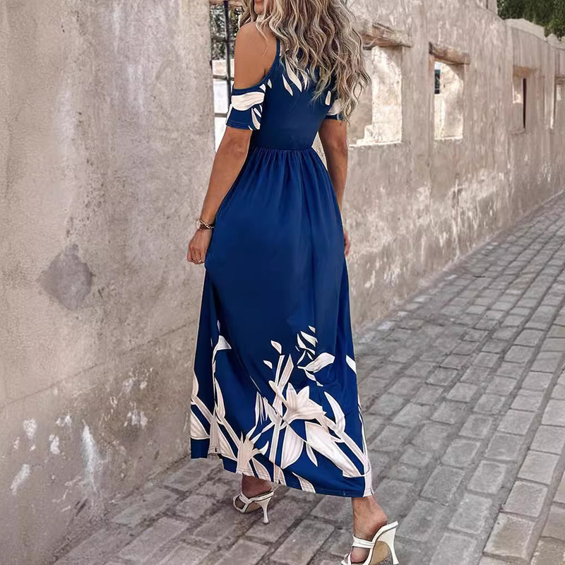 Fashion Shoulder-baring Printed Waist-controlled Long Dress