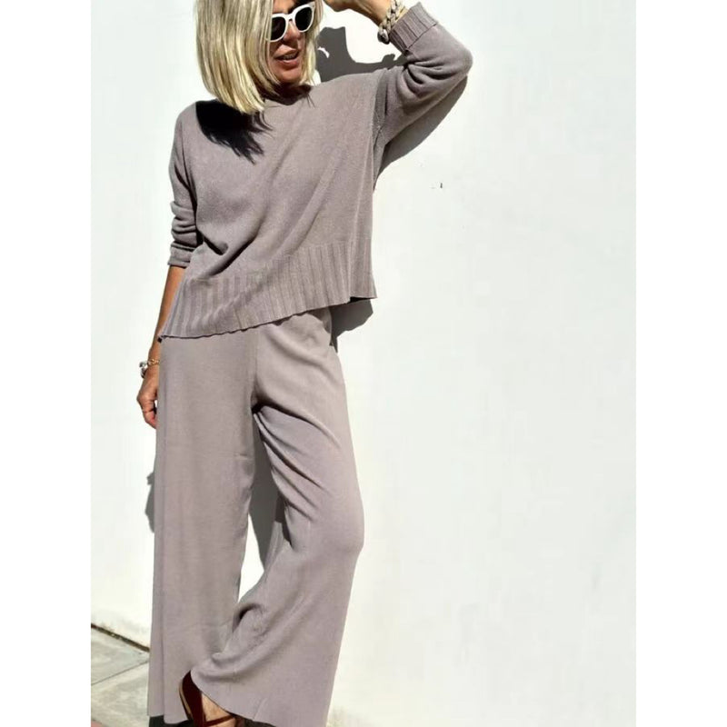 Knitted Wide-leg Pants Suit Sweater Pullover Women's Casual Trousers Suit