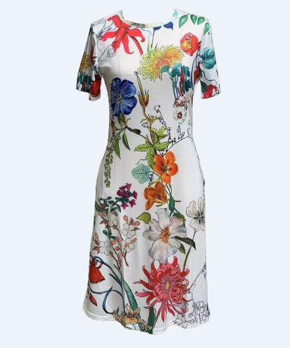 Printed Pocket Round Neck Short Sleeve Dress Women