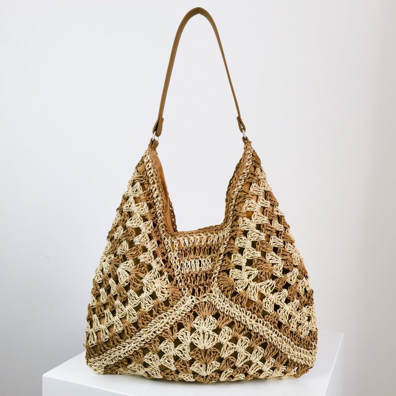 Women's Fashion Handmade Straw Woven Hollow Contrast Color Weave Shoulder Bag