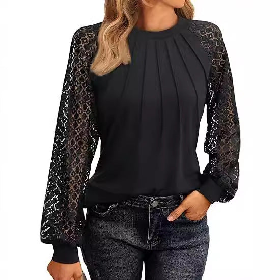 Women's Lace Patchwork Round Neck Pleated Long Sleeve Top