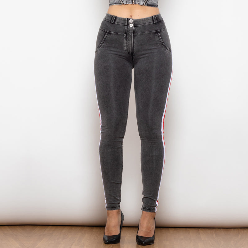 Shascullfites Melody Middle Waist Dark Thread Grey Jeans With Stripe Scrunch Bum Jeggings Women Butt Lift Jeans