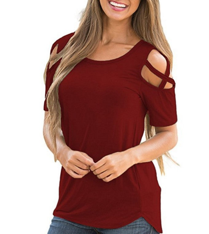 Color cotton casual worn hole shoulder tie T-shirt woman