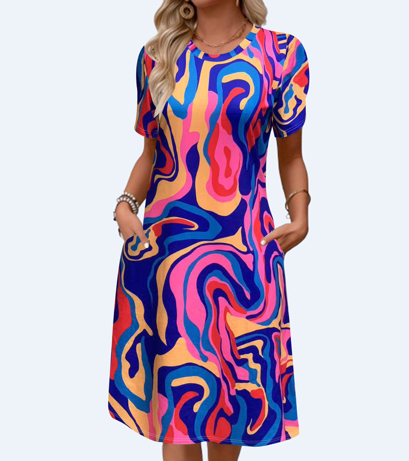 Printed Pocket Round Neck Short Sleeve Dress Women