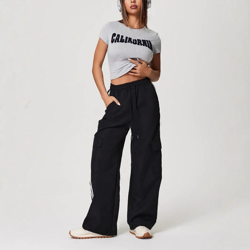 Striped Elastic Waist Drawstring Sports Loose Trousers