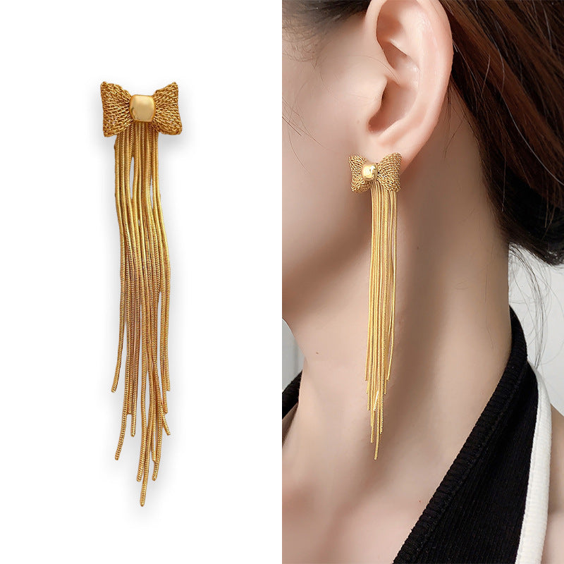 Niche Bow Tassel Stud Earrings Reel Chain