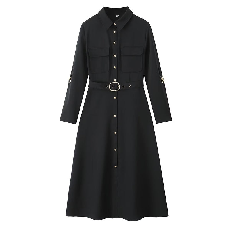 Patch Pocket With Belt Lapel Long Sleeve A- Line Shirt Midi Skirt Dress