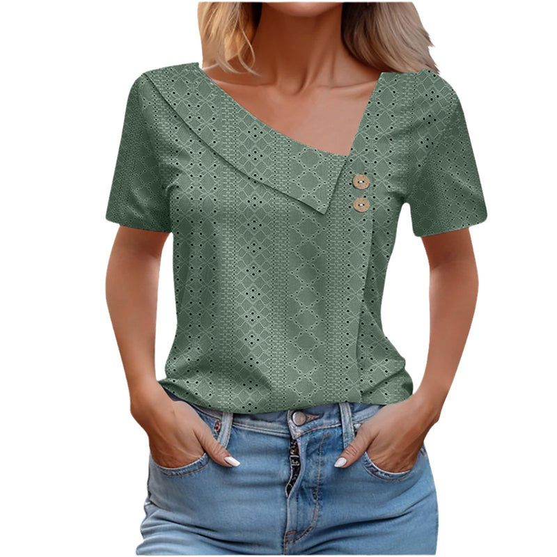 Summer V-neck Button Solid Color Loose Women's Short Sleeved T-shirts