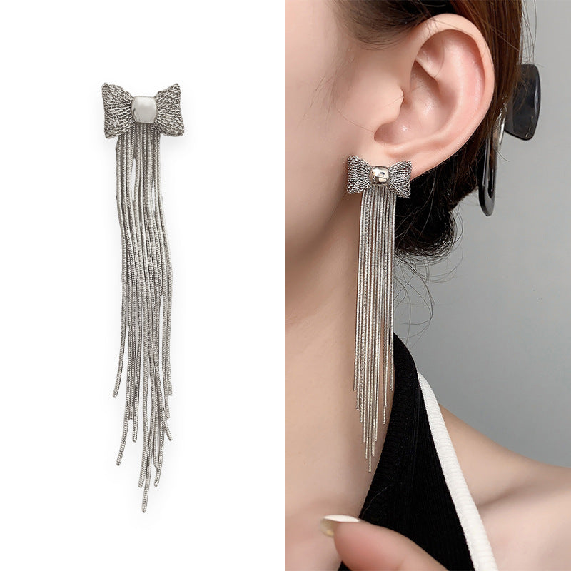 Niche Bow Tassel Stud Earrings Reel Chain