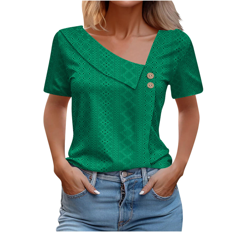 Summer V-neck Button Solid Color Loose Women's Short Sleeved T-shirts