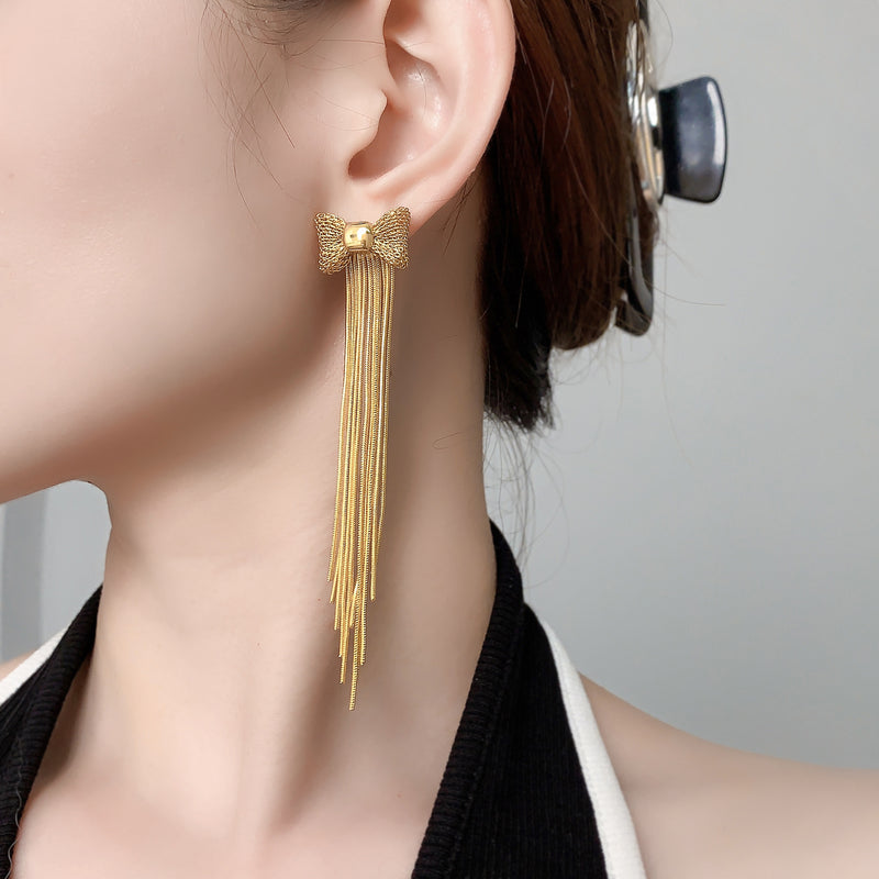 Niche Bow Tassel Stud Earrings Reel Chain