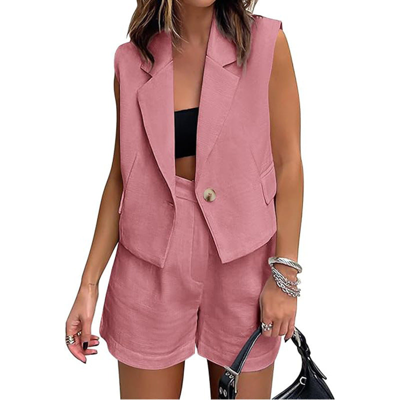 Leisure Commute Button Sleeveless Midriff-baring Vest Coat High Waist Shorts Two-piece Set