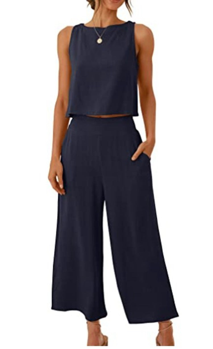 Sleeveless Vest Cropped Wide-leg Pants Suit