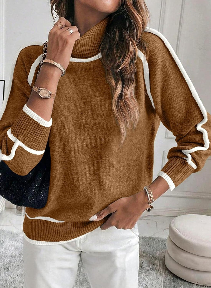 Autumn And Winter Solid Color Color Matching High-necked Casual Women's Clothing Fashion Knit Top Outerwear