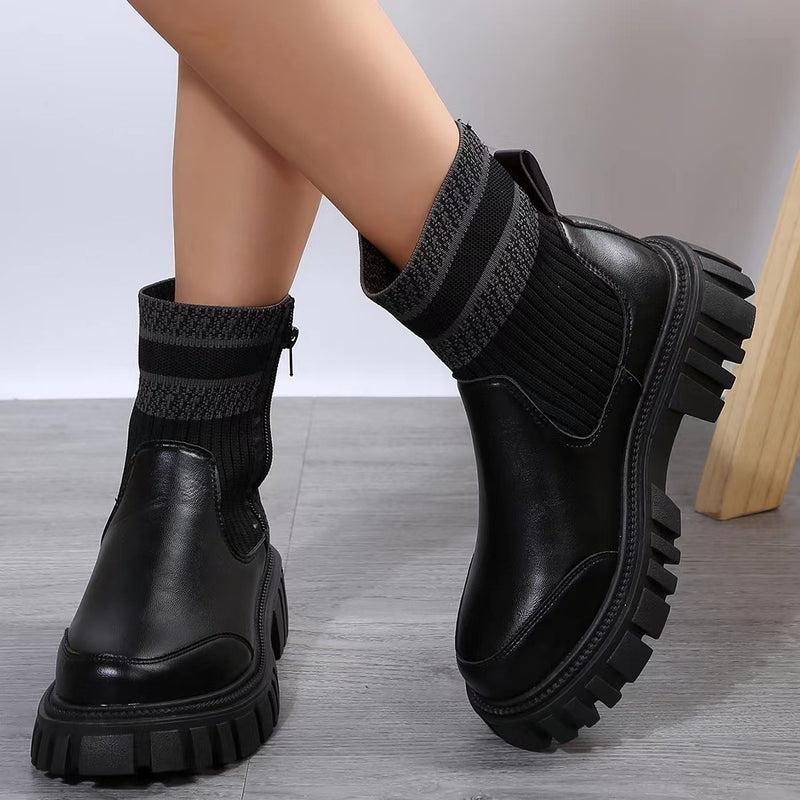 Fashion Mid-tube Boots With Zipper Design Non-slip Thick Sole Elastic Knitted Patchwork Boots For Women Round Toe Shoes Winter